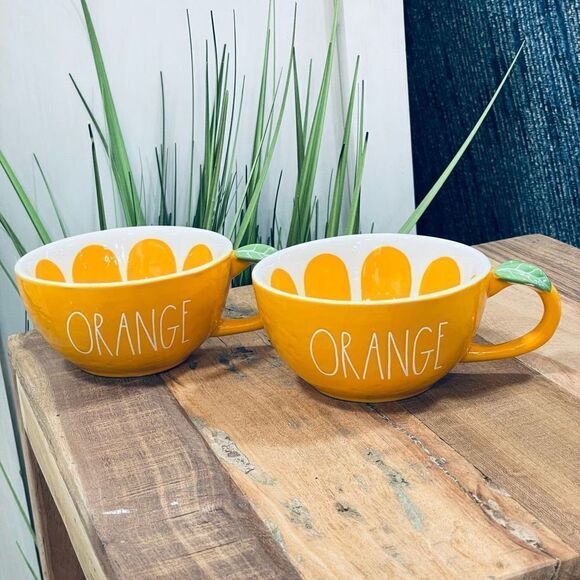 NWT Set of 2,Gorgeous Rae Dunn ORANGE Glossy Ceramic Mugs Set with leaf handle - Picture 17 of 17